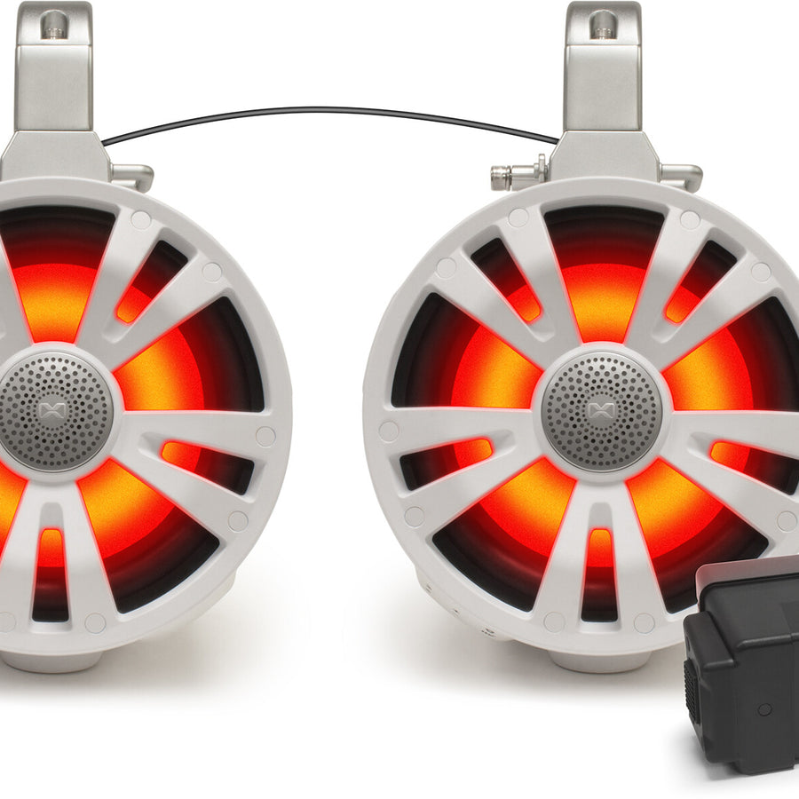 2-PACK WHITE 8' SPEAKERS ONE AMPLIFIED + BATTERY ONE NO